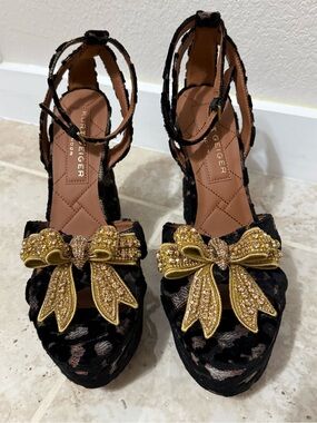 Kurt Geiger London Leopard Crystal Embellished Bow Platform Sandals (Size 42).